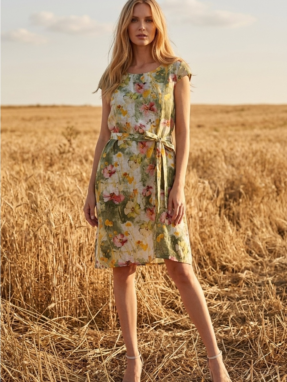 Linen Luv Green Floral Tie Waist Summer Dress Euro Vacation Feminine Floral XS